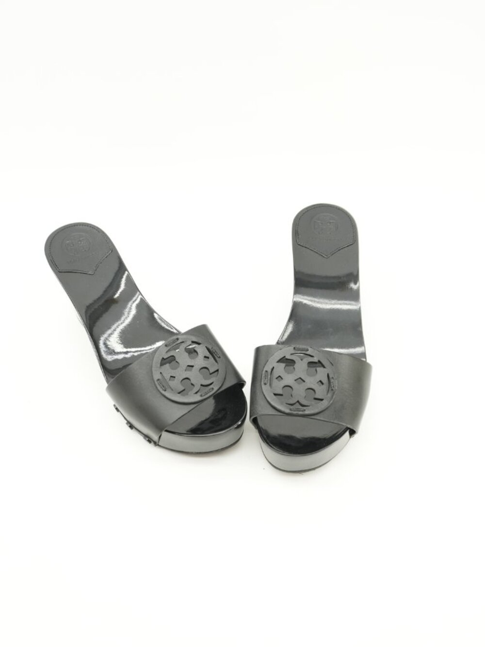 TORY BURCH Leather Wedges Black Patty Slides Clogs Size 7.5 - Picture 14 of 15